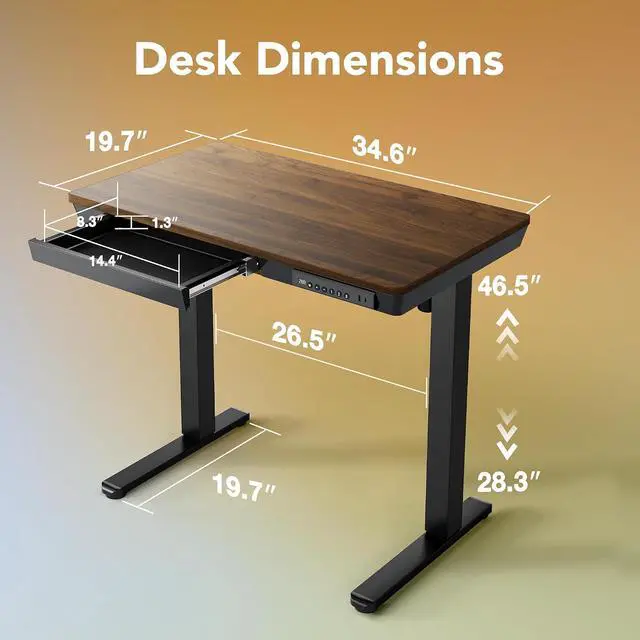 Alt view image 2 of 7 - Electric Standing Desk with Drawers, 35 X 20 Inch Electric Adjustable Height Desk, Quick Install One-Piece Tabletop with USB Charging Ports, Sit to Stand Up Desk for Home Office, Black Walnut