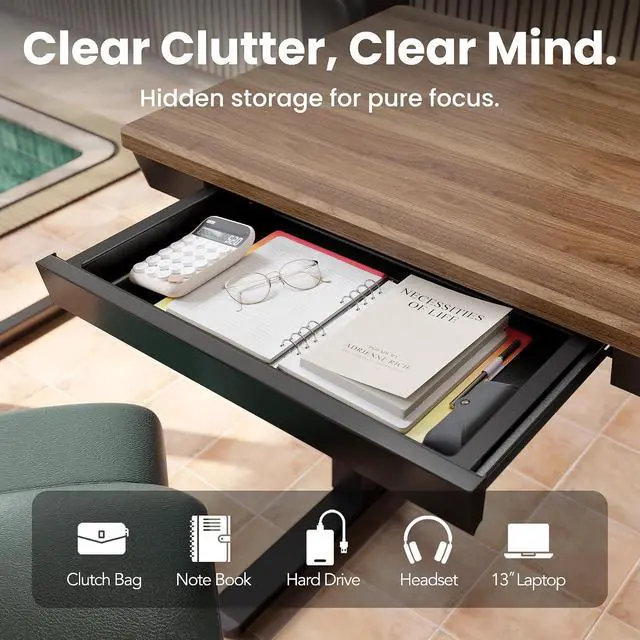 Alt view image 4 of 7 - Electric Standing Desk with Drawers, 35 X 20 Inch Electric Adjustable Height Desk, Quick Install One-Piece Tabletop with USB Charging Ports, Sit to Stand Up Desk for Home Office, Black Walnut