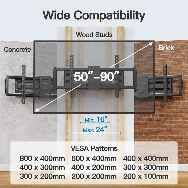 Alt view image 7 of 7 - Tilting TV Wall Mount for 23-60 inch TVs with VESA 400x400mm up to 115lbs PSMTK1, Full Motion TV Wall Mount for 50-90 TVs up to 165lbs, Max VESA 800x400mm PSXFK1