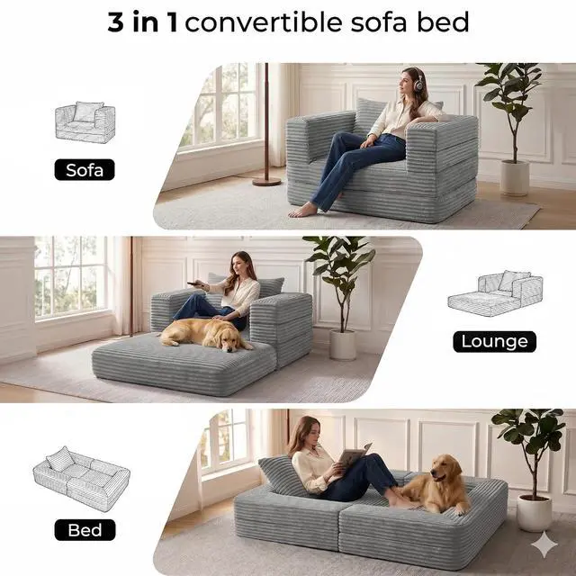 Alt view image 3 of 7 - Futon Sofa Bed,3-in-1 Convertible Sofa Bed with Pillow,Folding Sofa Bed with Removable Cover,Sleeper Sofa Bed Couch,Boneless Couches for Living Room, Bedroom,Full,Light Grey