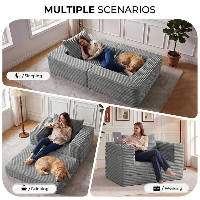Alt view image 5 of 7 - Futon Sofa Bed,3-in-1 Convertible Sofa Bed with Pillow,Folding Sofa Bed with Removable Cover,Sleeper Sofa Bed Couch,Boneless Couches for Living Room, Bedroom,Full,Light Grey