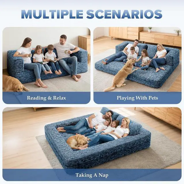 Alt view image 3 of 7 - Convertible Sofa Bed, 3-in-1 Futon Sofa Bed with Pillow, Foldable Pull Out Floor Sofa Bed with Removable Cover, Plush Boneless Couch for Living Room/Bedroom/Dorm