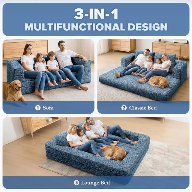 Alt view image 4 of 7 - Convertible Sofa Bed, 3-in-1 Futon Sofa Bed with Pillow, Foldable Pull Out Floor Sofa Bed with Removable Cover, Plush Boneless Couch for Living Room/Bedroom/Dorm