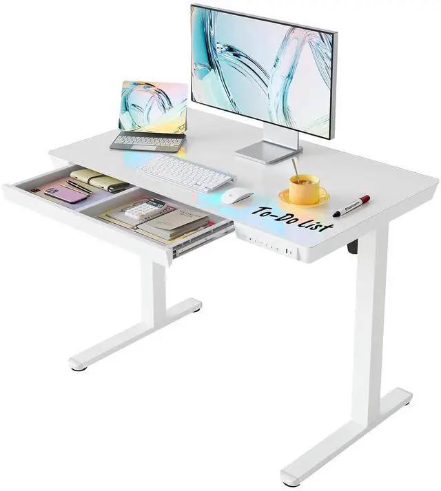 Main image of Glass Standing Desk with Drawers, 40 X 24 Inch Electric Adjustable Height Desk, Quick Install One-Piece Tabletop with USB Charging Ports, White
