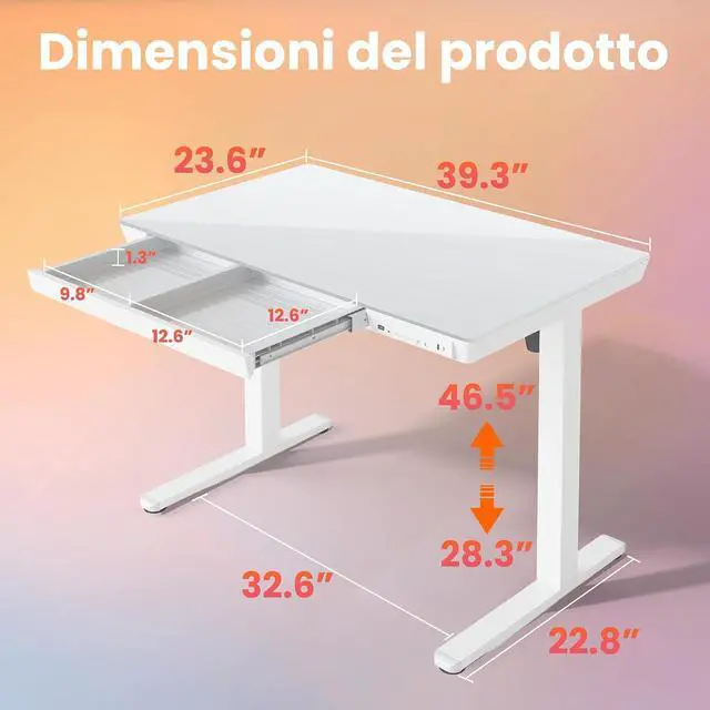 Alt view image 3 of 7 - Glass Standing Desk with Drawers, 40 X 24 Inch Electric Adjustable Height Desk, Quick Install One-Piece Tabletop with USB Charging Ports, White
