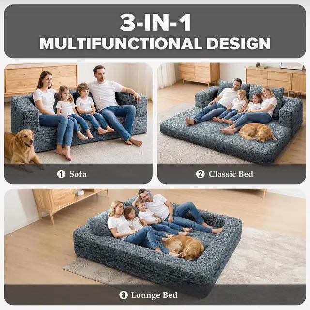 Alt view image 4 of 7 - Convertible Sofa Bed, 3-in-1 Futon Sofa Bed with Pillow, Foldable Pull Out Floor Sofa Bed with Removable Cover, Plush Boneless Couch for Living Room/Bedroom/Dorm