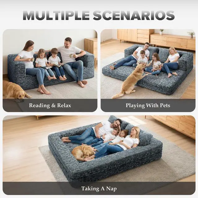 Alt view image 3 of 7 - Convertible Sofa Bed, 3-in-1 Futon Sofa Bed with Pillow, Foldable Pull Out Floor Sofa Bed with Removable Cover, Plush Boneless Couch for Living Room/Bedroom/Dorm