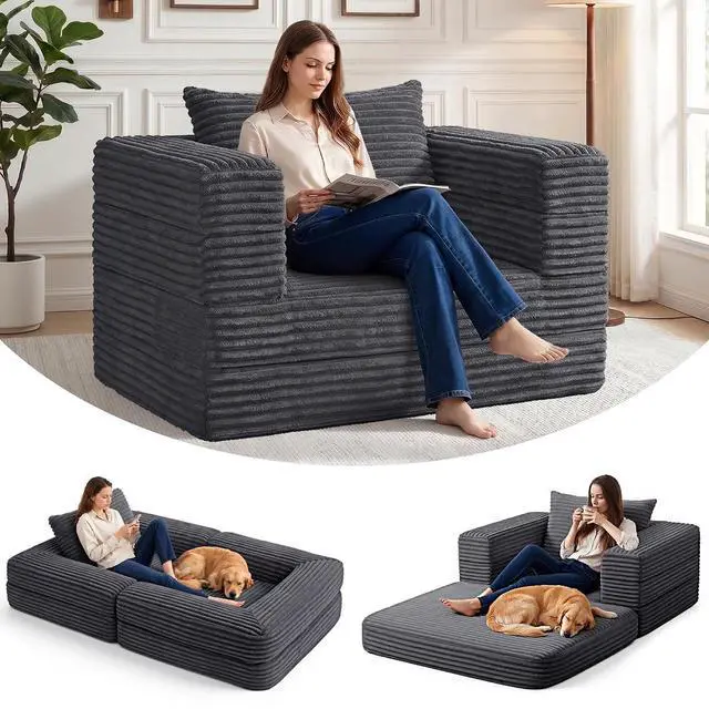 Main image of Futon Sofa Bed,3-in-1 Convertible Sofa Bed with Pillow,Folding Sofa Bed with Removable Cover,Sleeper Sofa Bed Couch,Boneless Couches for Living Room, Bedroom,Full,Dark Grey