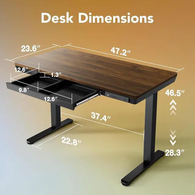 Alt view image 2 of 7 - Electric Standing Desk with Drawers, 48 X 24 Inch Electric Adjustable Height Desk, Quick Install One-Piece Tabletop with USB Charging Ports, Sit to Stand Up Desk for Home Office, Black Walnut