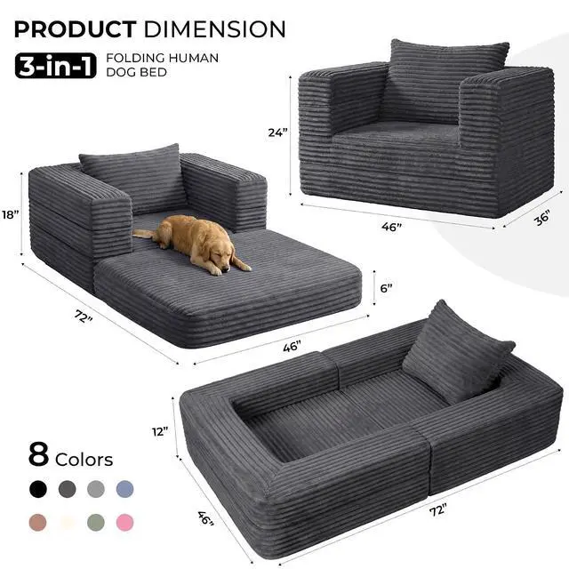 Alt view image 2 of 7 - Futon Sofa Bed,3-in-1 Convertible Sofa Bed with Pillow,Folding Sofa Bed with Removable Cover,Sleeper Sofa Bed Couch,Boneless Couches for Living Room, Bedroom,Full,Dark Grey