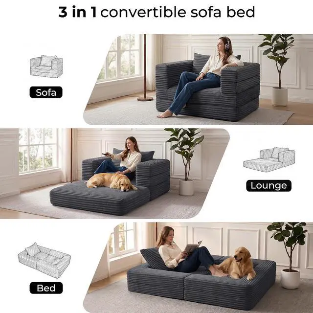 Alt view image 3 of 7 - Futon Sofa Bed,3-in-1 Convertible Sofa Bed with Pillow,Folding Sofa Bed with Removable Cover,Sleeper Sofa Bed Couch,Boneless Couches for Living Room, Bedroom,Full,Dark Grey