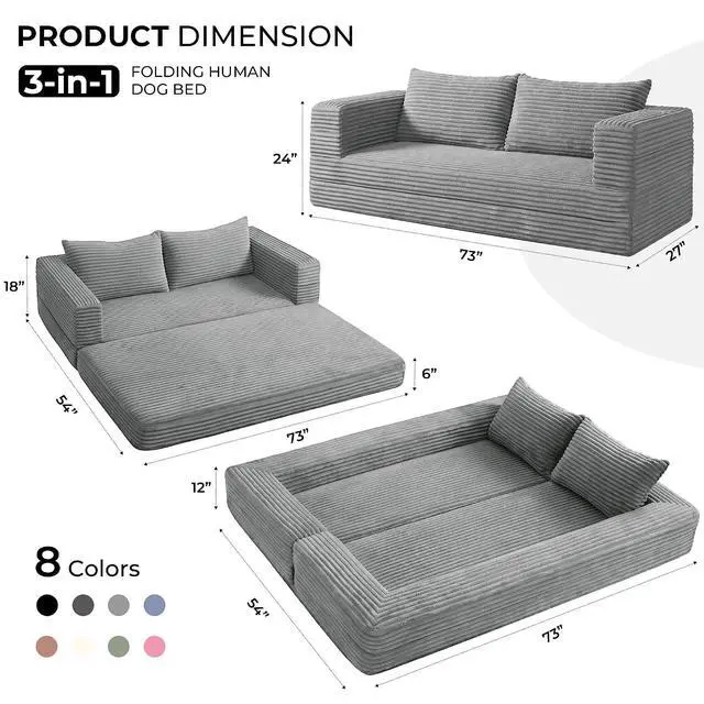 Alt view image 2 of 7 - Futon Sofa Bed,3-in-1 Convertible Sofa Bed with Pillow,Folding Sofa Bed with Removable Cover,Sleeper Sofa Bed Couch,Boneless Couches for Living Room, Bedroom,King,Light Grey