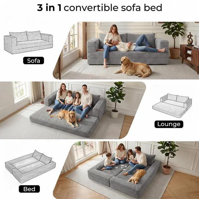 Alt view image 3 of 7 - Futon Sofa Bed,3-in-1 Convertible Sofa Bed with Pillow,Folding Sofa Bed with Removable Cover,Sleeper Sofa Bed Couch,Boneless Couches for Living Room, Bedroom,King,Light Grey