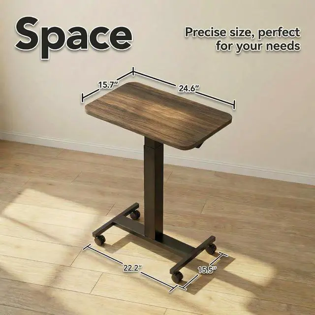 Alt view image 3 of 7 - Small Rolling Laptop Standing Desk, Height Adjustable Mobile T-Base Desk with Lockable Casters, Portable Sit-Stand Workstation for Bedside & Sofa, Walnut