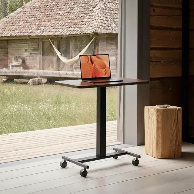 Alt view image 2 of 7 - Small Rolling Laptop Standing Desk, Height Adjustable Mobile T-Base Desk with Lockable Casters, Portable Sit-Stand Workstation for Bedside & Sofa, Walnut