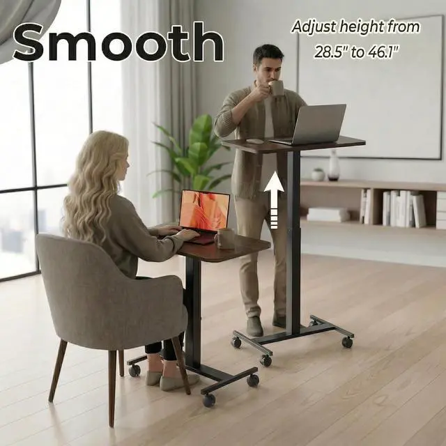 Alt view image 4 of 7 - Small Rolling Laptop Standing Desk, Height Adjustable Mobile T-Base Desk with Lockable Casters, Portable Sit-Stand Workstation for Bedside & Sofa, Walnut
