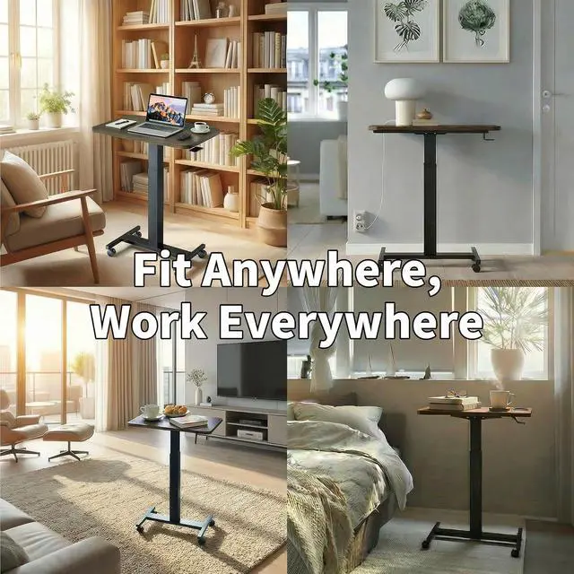 Alt view image 7 of 7 - Small Rolling Laptop Standing Desk, Height Adjustable Mobile T-Base Desk with Lockable Casters, Portable Sit-Stand Workstation for Bedside & Sofa, Walnut