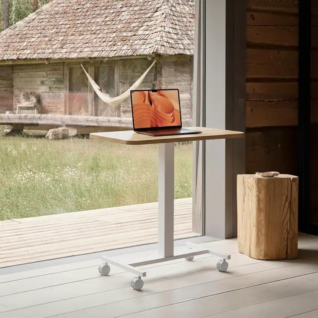 Alt view image 2 of 7 - Small Rolling Laptop Standing Desk, Height Adjustable Mobile T-Base Desk with Lockable Casters, Portable Sit-Stand Workstation for Bedside & Sofa, Light Walunt