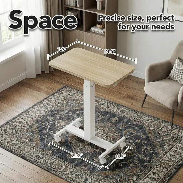 Alt view image 4 of 7 - Small Rolling Laptop Standing Desk, Height Adjustable Mobile T-Base Desk with Lockable Casters, Portable Sit-Stand Workstation for Bedside & Sofa, Light Walunt