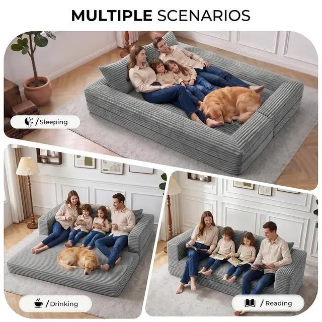 Alt view image 5 of 7 - Futon Sofa Bed,3-in-1 Convertible Sofa Bed with Pillow,Folding Sofa Bed with Removable Cover,Sleeper Sofa Bed Couch,Boneless Couches for Living Room, Bedroom,King,Light Grey