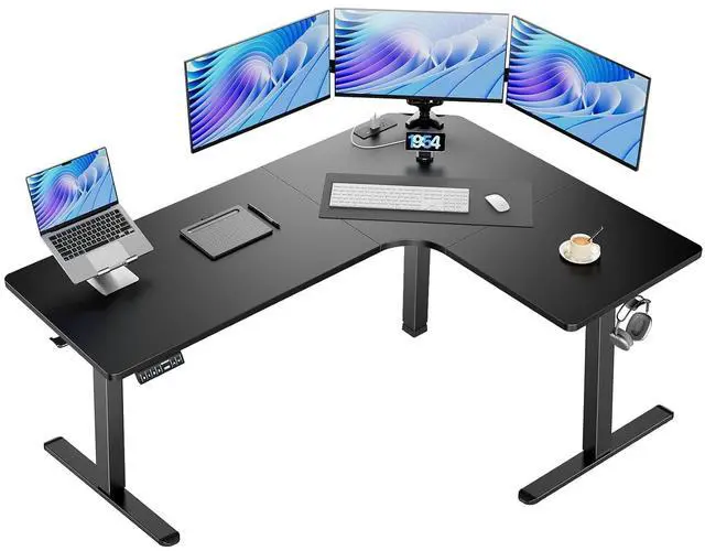 Main image of 63 L-Shaped Standing Desk, Built-in Power Outlets, Electric Height Adjustable Corner Computer Desk, Large Power Strip Holder, Sit Stand Up Desk with 3 Preset Heights, Black