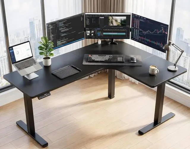 Alt view image 2 of 7 - 63 L-Shaped Standing Desk, Built-in Power Outlets, Electric Height Adjustable Corner Computer Desk, Large Power Strip Holder, Sit Stand Up Desk with 3 Preset Heights, Black