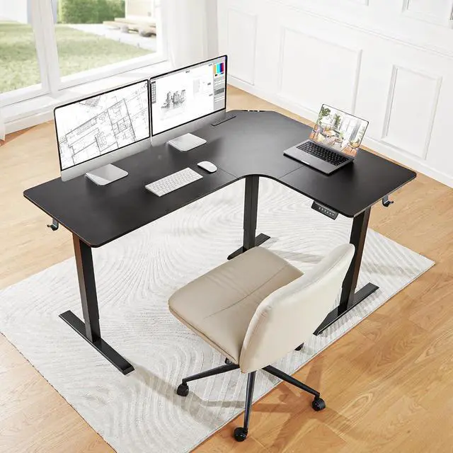 Alt view image 5 of 7 - 63 L-Shaped Standing Desk, Built-in Power Outlets, Electric Height Adjustable Corner Computer Desk, Large Power Strip Holder, Sit Stand Up Desk with 3 Preset Heights, Black