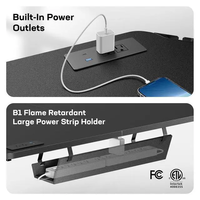 Alt view image 6 of 7 - 63 L-Shaped Standing Desk, Built-in Power Outlets, Electric Height Adjustable Corner Computer Desk, Large Power Strip Holder, Sit Stand Up Desk with 3 Preset Heights, Black