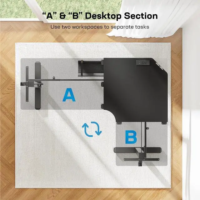 Alt view image 7 of 7 - 63 L-Shaped Standing Desk, Built-in Power Outlets, Electric Height Adjustable Corner Computer Desk, Large Power Strip Holder, Sit Stand Up Desk with 3 Preset Heights, Black