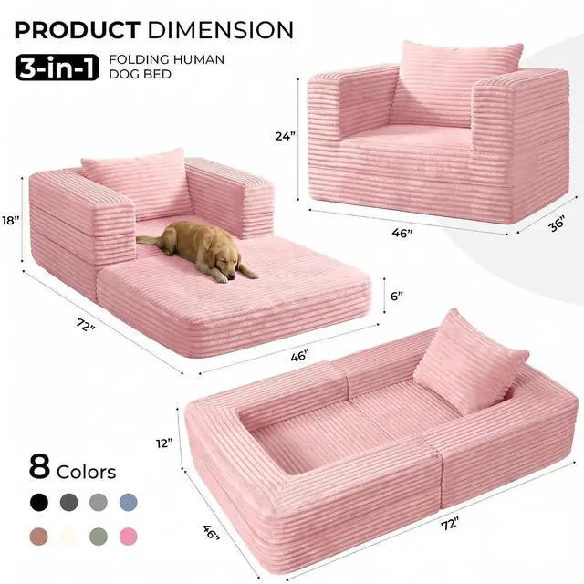 Alt view image 2 of 7 - Futon Sofa Bed,3-in-1 Convertible Sofa Bed with Pillow,Folding Sofa Bed with Removable Cover,Sleeper Sofa Bed Couch,Boneless Couches for Living Room, Bedroom,Full,Pink