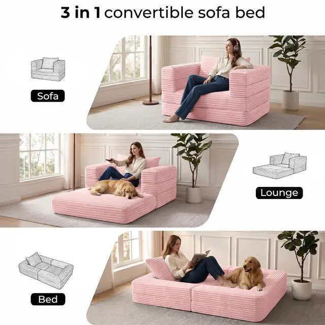 Alt view image 3 of 7 - Futon Sofa Bed,3-in-1 Convertible Sofa Bed with Pillow,Folding Sofa Bed with Removable Cover,Sleeper Sofa Bed Couch,Boneless Couches for Living Room, Bedroom,Full,Pink