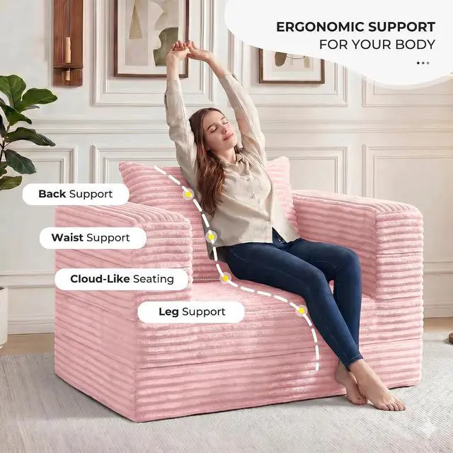 Alt view image 6 of 7 - Futon Sofa Bed,3-in-1 Convertible Sofa Bed with Pillow,Folding Sofa Bed with Removable Cover,Sleeper Sofa Bed Couch,Boneless Couches for Living Room, Bedroom,Full,Pink