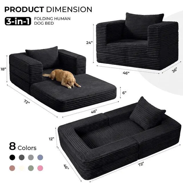 Alt view image 2 of 7 - Futon Sofa Bed,3-in-1 Convertible Sofa Bed with Pillow,Folding Sofa Bed with Removable Cover,Sleeper Sofa Bed Couch,Boneless Couches for Living Room, Bedroom,Full,Black