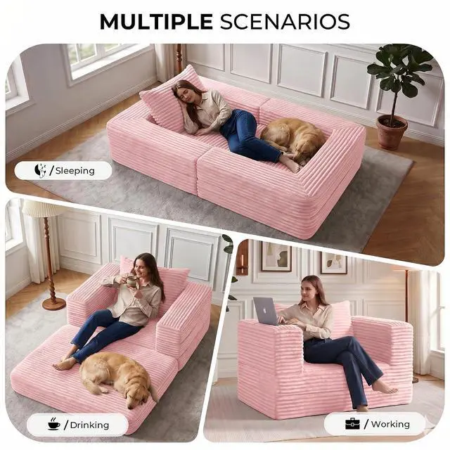 Alt view image 5 of 7 - Futon Sofa Bed,3-in-1 Convertible Sofa Bed with Pillow,Folding Sofa Bed with Removable Cover,Sleeper Sofa Bed Couch,Boneless Couches for Living Room, Bedroom,Full,Pink