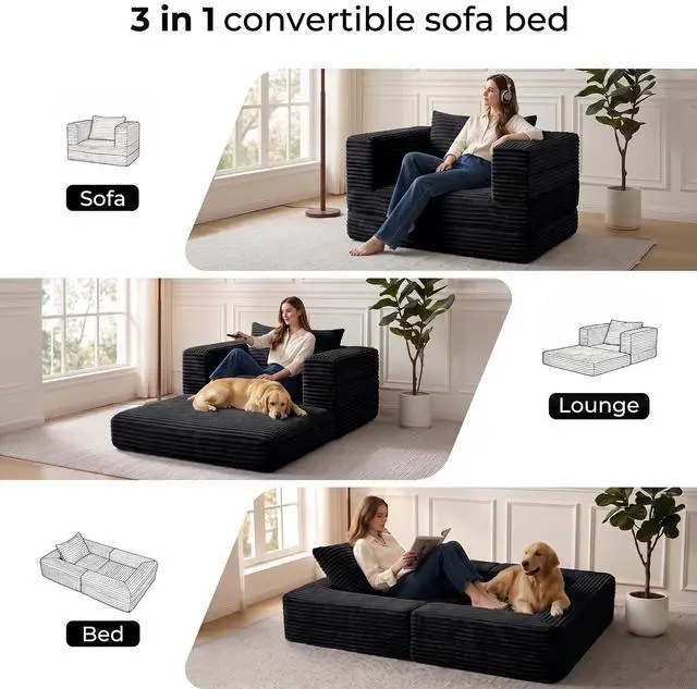 Alt view image 3 of 7 - Futon Sofa Bed,3-in-1 Convertible Sofa Bed with Pillow,Folding Sofa Bed with Removable Cover,Sleeper Sofa Bed Couch,Boneless Couches for Living Room, Bedroom,Full,Black