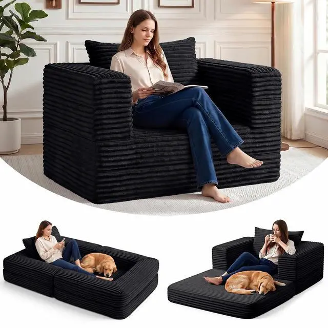 Main image of Futon Sofa Bed,3-in-1 Convertible Sofa Bed with Pillow,Folding Sofa Bed with Removable Cover,Sleeper Sofa Bed Couch,Boneless Couches for Living Room, Bedroom,Full,Black