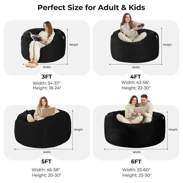Alt view image 3 of 7 - Bean Bag Chair: Giant 5' Memory Foam Furniture Bean Bag Chairs for Adults with Microfiber Cover 5Ft (Black)