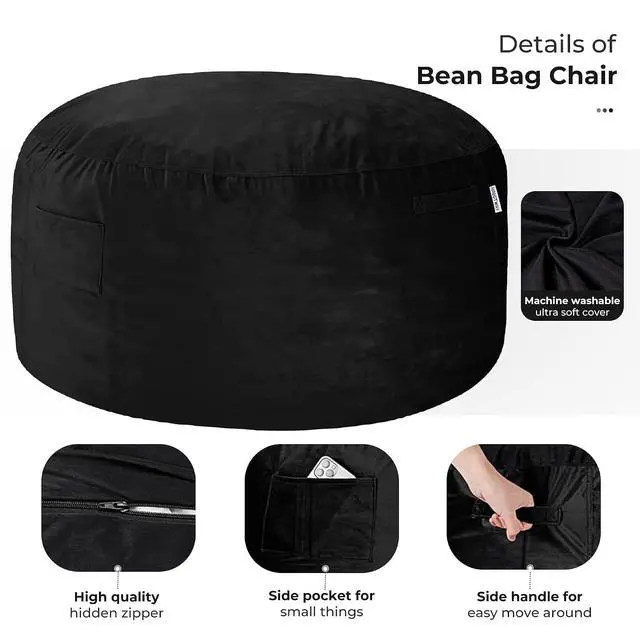 Alt view image 4 of 7 - Bean Bag Chair: Giant 5' Memory Foam Furniture Bean Bag Chairs for Adults with Microfiber Cover 5Ft (Black)