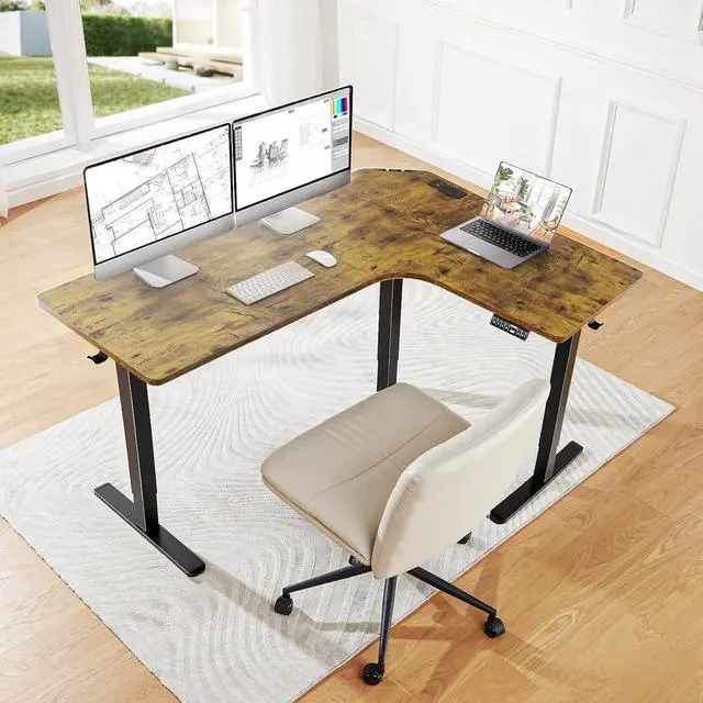 Alt view image 2 of 7 - 63 L-Shaped Standing Desk, Built-in Power Outlets, Vintage Brown | Smooth Electric Height Adjustment, 3 Memory Presets, Sturdy Steel Frame, 220 lbs Capacity, Large Power Strip Holder