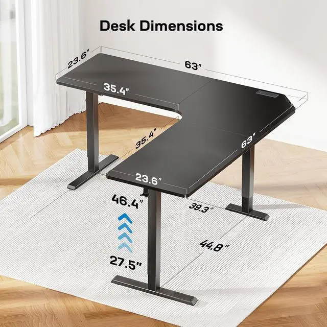 Alt view image 3 of 6 - Electric L Shaped Standing Desk, 63" x 63" Height Adjustable Corner Standing Desk with Built-in Power Outlets & Power Strip Holder, Sit Stand Up Table with 4 Preset Heights, Black