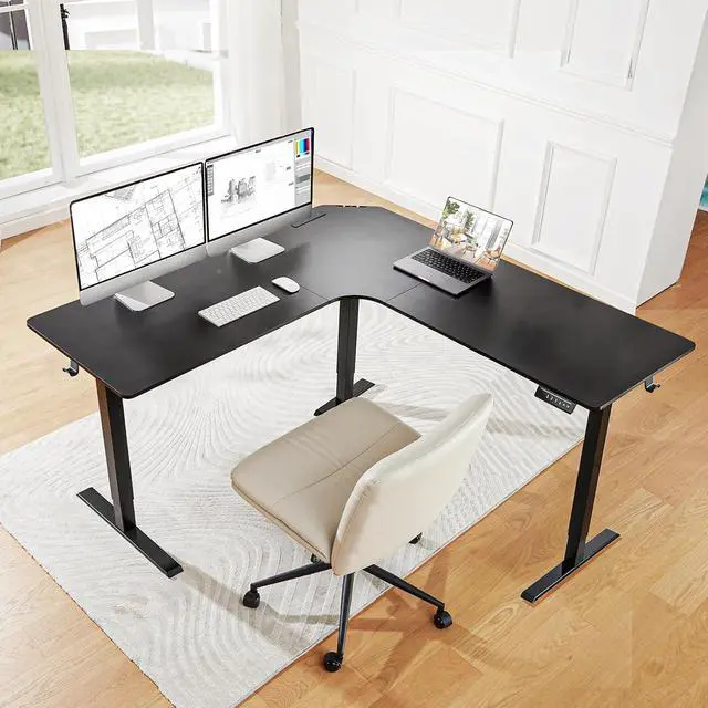 Alt view image 2 of 6 - Electric L Shaped Standing Desk, 63" x 63" Height Adjustable Corner Standing Desk with Built-in Power Outlets & Power Strip Holder, Sit Stand Up Table with 4 Preset Heights, Black