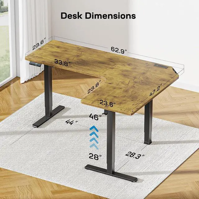Alt view image 3 of 7 - 63 L-Shaped Standing Desk, Built-in Power Outlets, Vintage Brown | Smooth Electric Height Adjustment, 3 Memory Presets, Sturdy Steel Frame, 220 lbs Capacity, Large Power Strip Holder