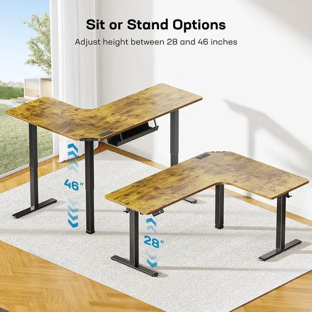 Alt view image 7 of 7 - 63 L-Shaped Standing Desk, Built-in Power Outlets, Vintage Brown | Smooth Electric Height Adjustment, 3 Memory Presets, Sturdy Steel Frame, 220 lbs Capacity, Large Power Strip Holder