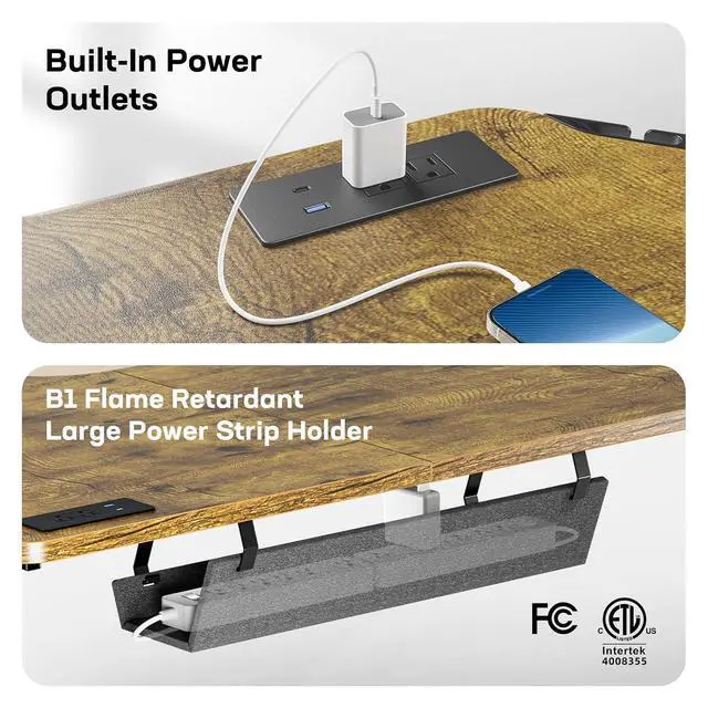 Alt view image 5 of 7 - 63 L-Shaped Standing Desk, Built-in Power Outlets, Vintage Brown | Smooth Electric Height Adjustment, 3 Memory Presets, Sturdy Steel Frame, 220 lbs Capacity, Large Power Strip Holder