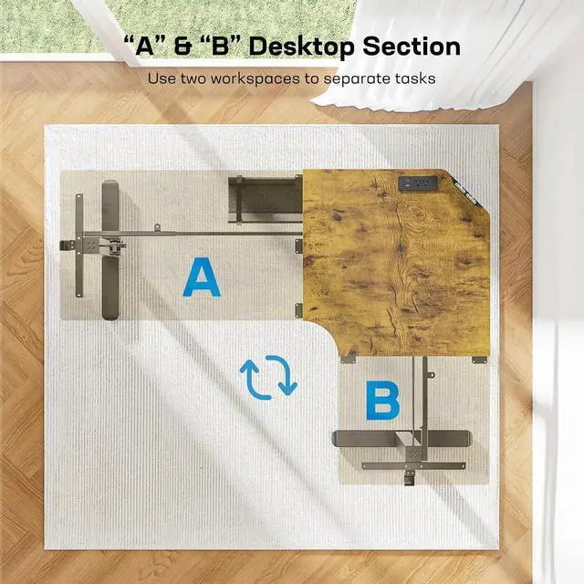 Alt view image 6 of 7 - 63 L-Shaped Standing Desk, Built-in Power Outlets, Vintage Brown | Smooth Electric Height Adjustment, 3 Memory Presets, Sturdy Steel Frame, 220 lbs Capacity, Large Power Strip Holder