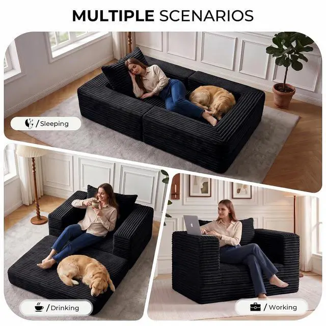 Alt view image 5 of 7 - Futon Sofa Bed,3-in-1 Convertible Sofa Bed with Pillow,Folding Sofa Bed with Removable Cover,Sleeper Sofa Bed Couch,Boneless Couches for Living Room, Bedroom,Full,Black