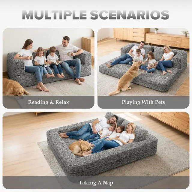 Alt view image 3 of 7 - Convertible Sofa Bed, 3-in-1 Futon Sofa Bed with Pillow, Foldable Pull Out Floor Sofa Bed with Removable Cover, Plush Boneless Couch for Living Room/Bedroom/Dorm