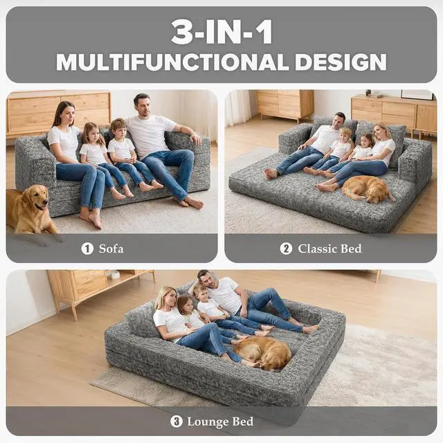 Alt view image 4 of 7 - Convertible Sofa Bed, 3-in-1 Futon Sofa Bed with Pillow, Foldable Pull Out Floor Sofa Bed with Removable Cover, Plush Boneless Couch for Living Room/Bedroom/Dorm