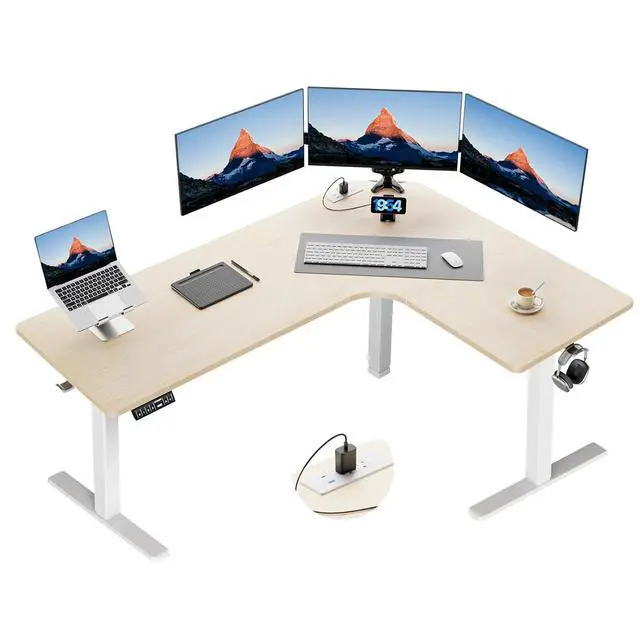 Main image of 63 L-Shaped Standing Desk, Built-in Power Outlets, Electric Height Adjustable Corner Computer Desk, Large Power Strip Holder, Sit Stand Up Desk with 3 Preset Heights, Natural Wood