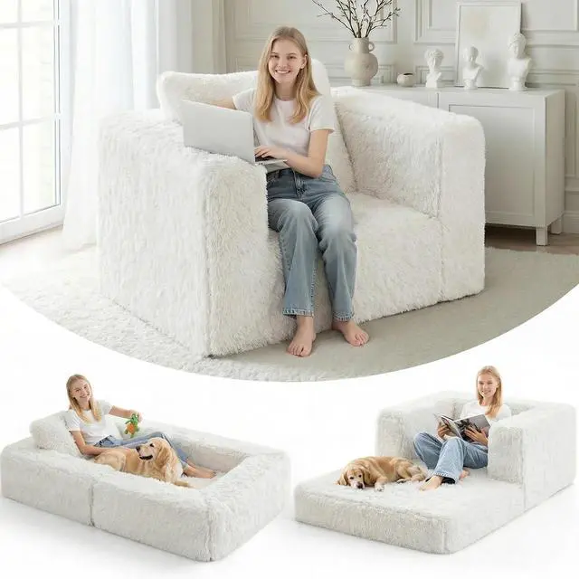Main image of Convertible Sofa Bed, 3-in-1 Futon Sofa Bed with Pillow, Foldable Pull Out Floor Sofa Bed with Removable Cover, Plush Boneless Couch for Living Room/Bedroom/Dorm